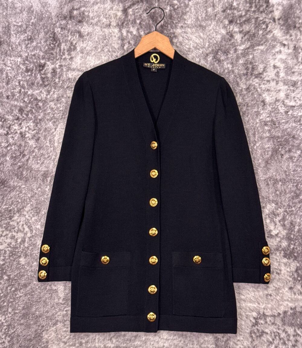 St John Santana Knit Jacket XS Womens Black & Gold Buttons